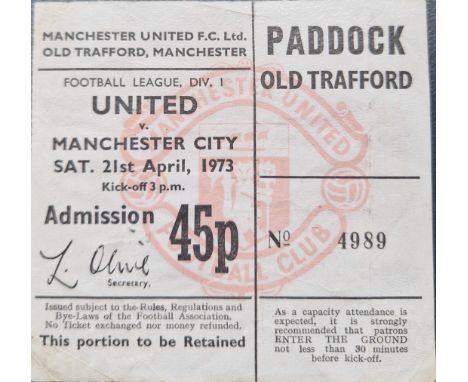 1972-73 MANCHESTER UNITED V MANCHESTER CITY RELEGATION MATCH TICKET
Folds
Ref DT