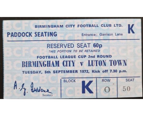 1972-73 BIRMINGHAM CITY V LUTON TOWN LEAGUE CUP TICKET
Good condition
Ref SM