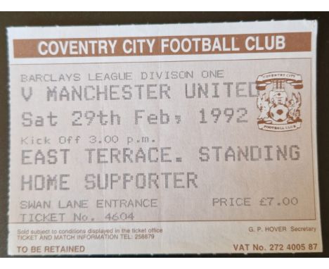 1991-92 COVENTRY CITY V MANCHESTER UNITED TICKET
Good condition
Ref MS