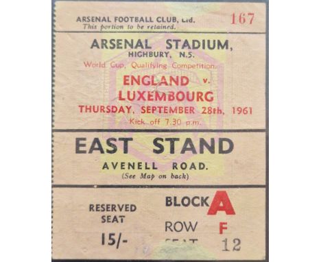 1961 ENGLAND V LUXEMBOURG AT ARSENAL TICKET
Some scuffing top &amp; bottom edges and slight age related wear
Ref SM