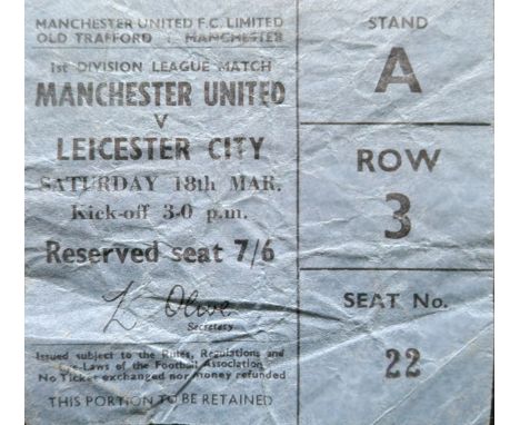 1966-67 MANCHESTER UNITED V LEICESTER CITY TICKET - UNITED CHAMPIONSHIP WINNING SEASON
United win 5-2 with goals from Aston, 