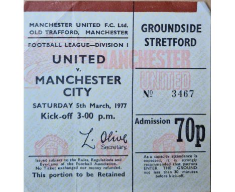 1976-77 MANCHESTER UNITED V MANCHESTER CITY TICKET
Folds
Ref SR