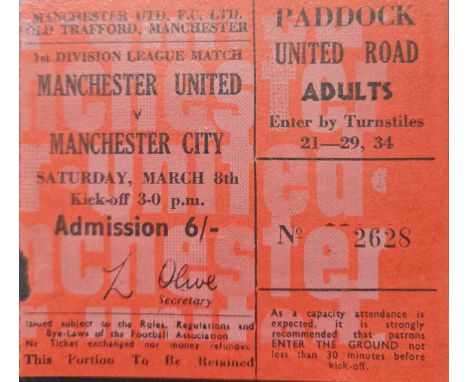 1968-69 MANCHESTER UNITED V MANCHESTER CITY TICKET
Slight paper loss along edge
Ref DT
