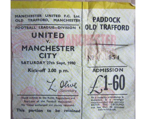 1980-81 MANCHESTER UNITED V MANCHESTER CITY TICKET
Folds
Ref SR