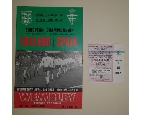 1968 ENGLAND V SPAIN PROGRAMME &amp; TICKET
England v Spain 1968 Henri Delaunay Cup (qualifying tie) programme and ticket, pr