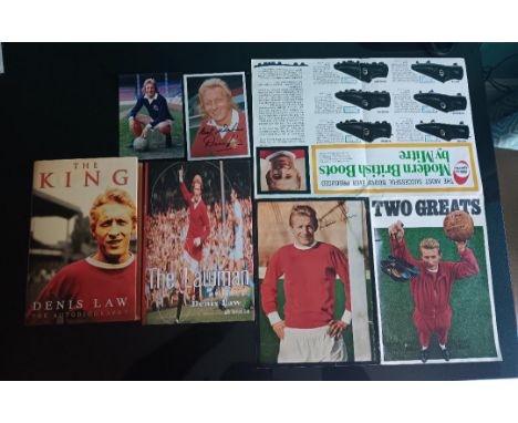 MANCHESTER UNITED DENIS LAW MEMORABILIA
Two books, excellent vintage poster &amp; two quality reprint photo's
Ref B A51