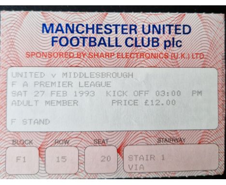 1992-93 MANCHESTER UNITED V MIDDLESBROUGH TICKET
Good condition
Ref SM