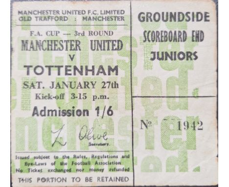1967-68 MANCHESTER UNITED V TOTTENHAM HOTSPUR FA CUP 3RD ROUND TICKET
Fold &amp; marks
Ref DT
