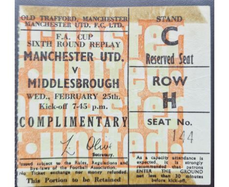 1969-70 MANCHESTER UNITED V MIDDLESBROUGH FA CUP 6TH ROUND REPLAY TICKET
Tape marks along edges
Ref DT