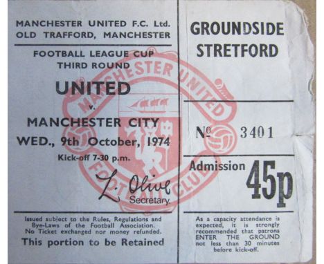 1974-75 MANCHESTER UNITED V MANCHESTER CITY TICKET
Folds and small tears along one edge
Ref SR