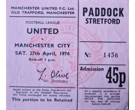 1973-74 MANCHESTER UNITED V MANCHESTER CITY TICKET
Folds
Ref SR