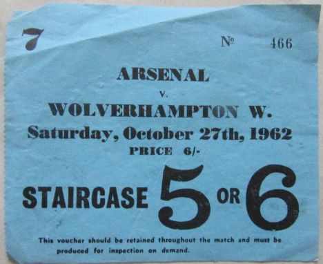 1962-63 ARSENAL V WOLVERHAMPTON WANDERERS TICKET
Fold&nbsp;
Ref KJ