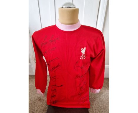 1972 ORIGINAL LIVERPOOL PLAYERS SHIRT WHICH HAS BEEN MULTI SIGNED
Original number 3 players shirt, some of the red has run in