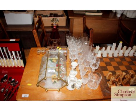 A quantity of various table glassware; a ship in a bottle model of The Victory; floral encrusted ornaments in glass display c