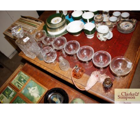 A quantity of glassware including Champagne saucers; perfume spray; ruby glass decanter etc.
