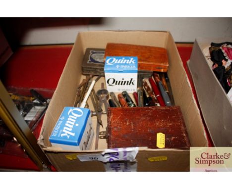 A box of miscellaneous vintage pens, ink etc. (some with gold nibs)