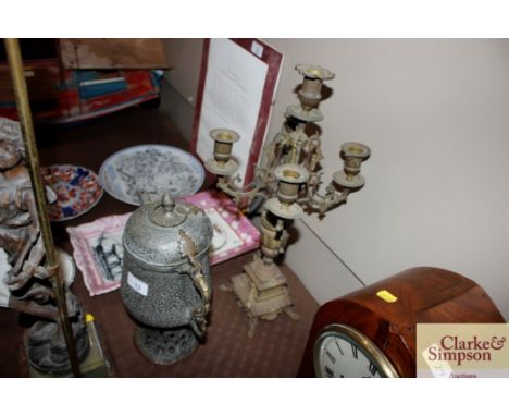 A gilded five light candelabra; and an Eastern metal ware coffee pot 