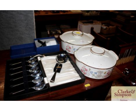 A pair of floral decorated casserole dishes; a plated fish serving set; and a Royal Worcester flameproof pie funnel