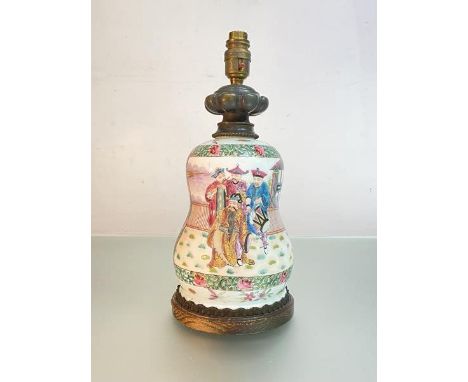 A Chinese  famille rose porcelain jar mounted as a table lamp, the vase of shaped double gourd from, painted with figural sce