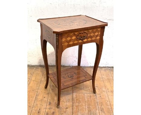 A French parquetry and kingwood side table, early 20th century, of serpentine outline, the tray top centred by arrow, torch a