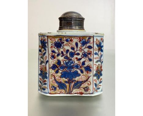 A hallmarked silver-mounted Chinese Imari porcelain tea caddy, late 18th century, the domed silver cover and collar by Thomas