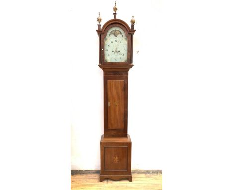 A George III mahogany longcase clock, early 19th century, the arched hood with three associated gilt ball finials, above plai