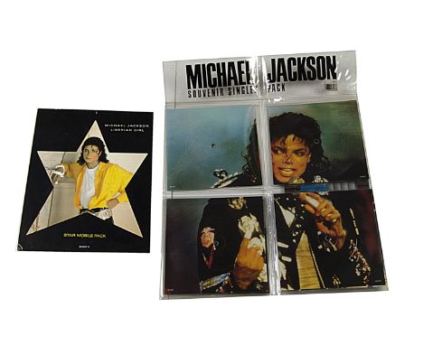 Michael Jackson: three albums and approx thirty 7" singles, sold with Souvenir 7" Picture Disc pack and a card promotional mo