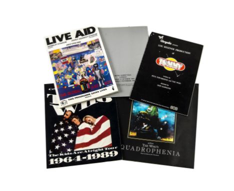 The Who: five programmes, Tommy - 1972 with ticket stub for The Rainbow Theatre London, Live Aid - 1985, Quadrophenia - 1996 
