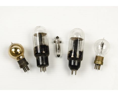 Valves: two Moorhead 'R' valves; an Osram V24 with BBC mark;a Mullard TZ05-20; and another, similar (5)