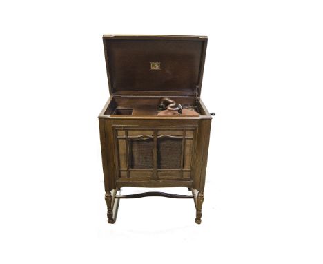 Cabinet gramophone: an HMV Model 158 console cabinet gramophone with 5a soundbox, Florentine bronze fittings and divided horn