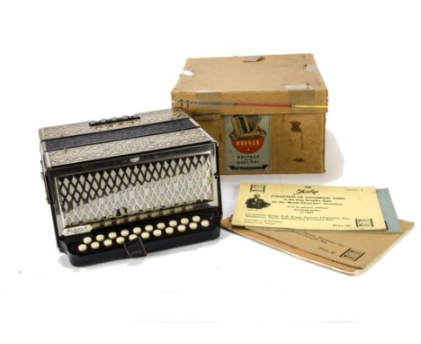 Accordion: A Hohner 2815 Vienna pokerwork 2-rows Diatonic accordion, in excellent condition in original cardboard box