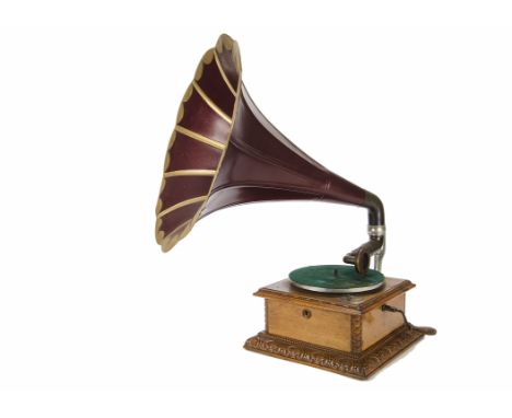Horn gramophone: a Lindstrom horn gramophone with Lindstrom motor and tone-arm, aluminium back-bracket, repainte3d flower hor