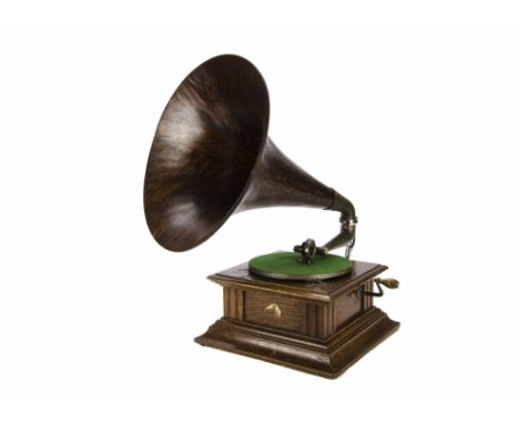 Horn gramophone: an HMV Model 5 with 18-inch oak horn, HMV soundbox and earlier back bracket