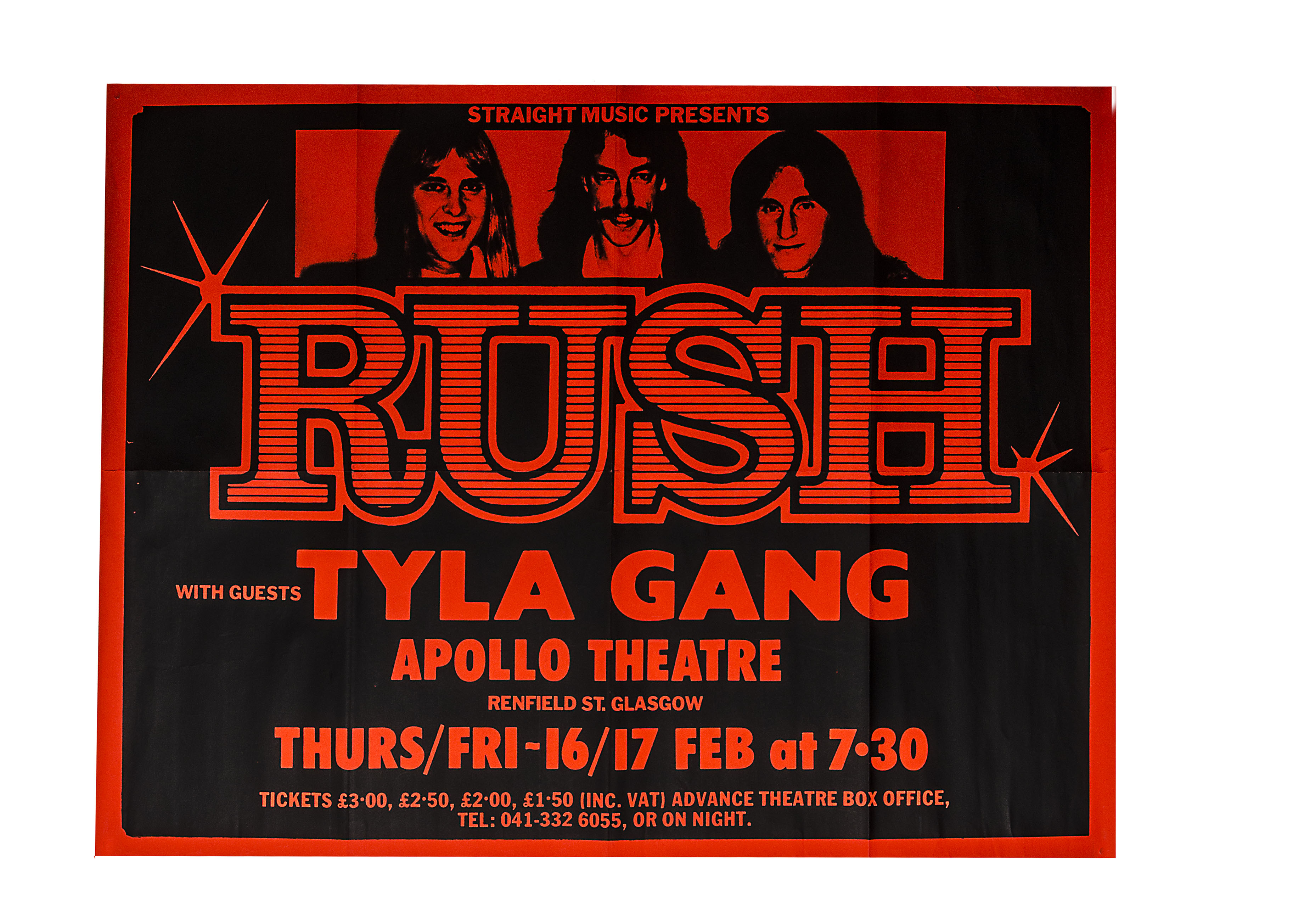 Rush Original UK concert poster The Apollo Theatre Glasgow 16th