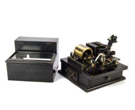 ANNOUNCE THIS LOT IS A RECORDING GALVENOMETER
Morse recorder: in ebonised case with glazed cover to front mechanism, 3/8-in w
