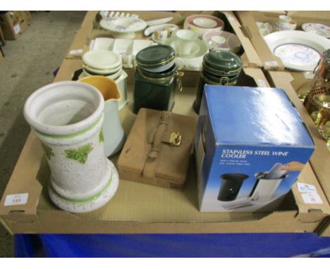 TRAY CONTAINING QUANTITY OF CERAMIC ITEMS INCLUDING THREE KITCHEN JARS AND COVERS AND POTTERY VASE