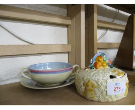 CLARICE CLIFF HARVEST WARE SMALL BOWL AND COVER AND FURTHER SOUP DISH AND STAND