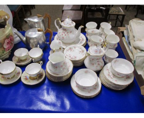 TEA SET BY PARAGON IN THE VICTORIANA ROSE PATTERN COMPRISING TEA POT, HOT WATER JUG, SIX CUPS AND SAUCERS, SANDWICH PLATES, S