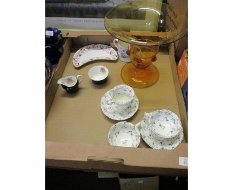 19TH CENTURY CUPS AND SAUCERS, GLASS VASE ETC