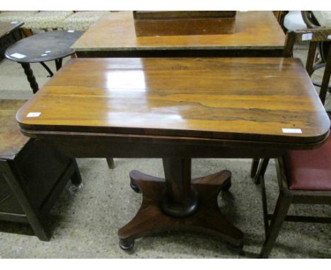 EARLY 19TH CENTURY ROSEWOOD CARD TABLE, FOLD-TOP AND OCTAGONAL COLUMN AND QUADRUPED BASE, 92CM WIDE