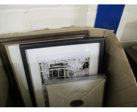 BOX CONTAINING PICTURES OF STEAM ENGINE, WATERCOLOUR OF A COTTAGE SIGNED ORMEROD ETC