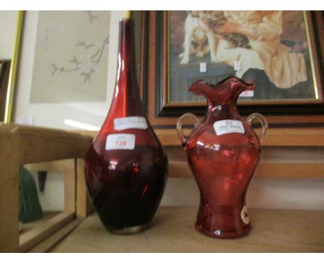 RUBY GLASS SPILL VASE AND A TWO-HANDLED CRANBERRY GLASS VASE