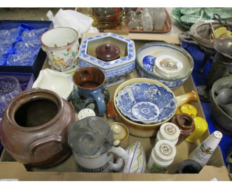 TRAY CONTAINING CERAMIC ITEMS INCLUDING A STAFFORDSHIRE FROG MUG AND OTHER BLUE AND WHITE ITEMS