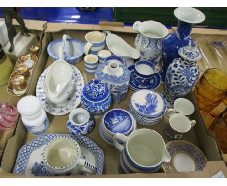 TRAY CONTAINING CERAMIC ITEMS MAINLY BLUE AND WHITE WARES INCLUDING SOME ROYAL DOULTON NORFOLK AND TWO VASES