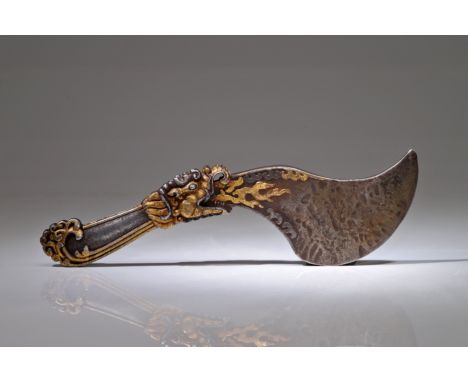 Iron, silver and gold platedTibet, 14th centuryDimensions: 28 x 9 x 2 cmWeight: 638 gramsThis vajra water-knife symbolises th