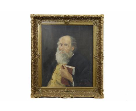 CONTINENTAL SCHOOL (TWENTIETH CENTURY),PORTRAIT OF AN ELDER GENTLEMAN WITH RED BOOKoil on canvas, signed62cm x 51cm