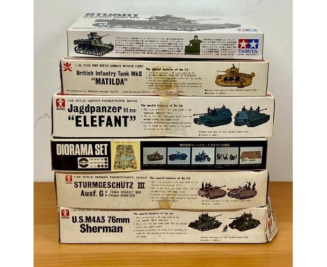 A selection of six boxed army tanker model kits to include, Jagdpanzer Elefant, British Infantry Tank MKII Matilda, Stuart, S