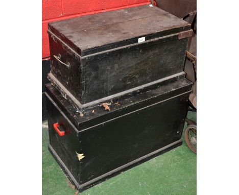 Two painted pine tool boxes and handtools.