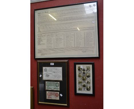 A framed set of three banknotes including a Bank of England five pound note, L.K. O'Brien, 1955, a one pound note and ten shi