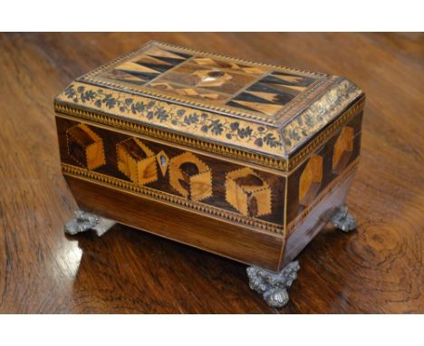 A Victorian rosewood and Tunbridge Ware sarcophagus tea caddy, the hinged cover and frieze veneered with tumbling blocks, the